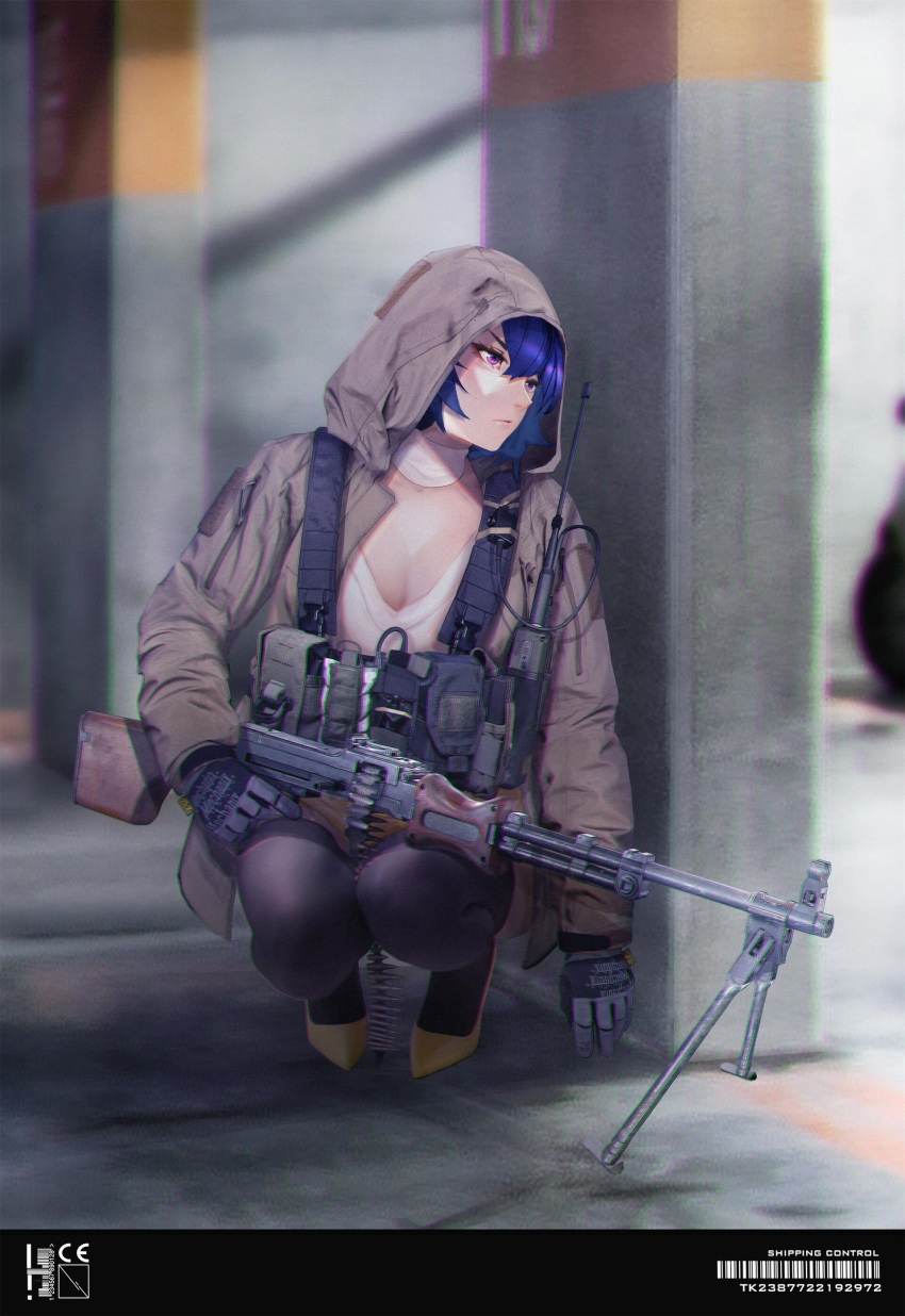 absurdres arm_at_side barcode black_gloves black_pantyhose blue_hair blurry blurry_background breasts chinese_commentary cleavage commentary_request detached_collar female gloves gun head_tilt hiding high_heels highres holding holding_gun holding_weapon hood hood_up hooded_jacket jacket light_machine_gun long_sleeves looking_afar machine_gun mechanix_wear open_clothes open_jacket original pantyhose purple_eyes rpd short_hair solo squatting tiewan trigger_discipline weapon yellow_footwear