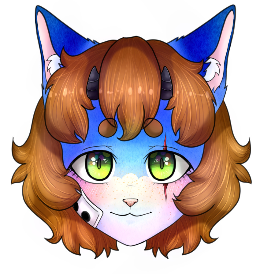 :3 alpha_channel anthro big_eyes biped black_horn blue_body blue_fur blush brown_hair canid canine colored digital_drawing_(artwork) digital_media_(artwork) domestic_cat eyebrows eyelashes felid feline felis female fox freckles fur green_eyes hair hi_res horn hybrid iijackie3678ii inner_ear_fluff jackie_motidzuki mammal monotone_hair patch_(fabric) pink_nose scar short_hair simple_background smile solo transparent_background tuft