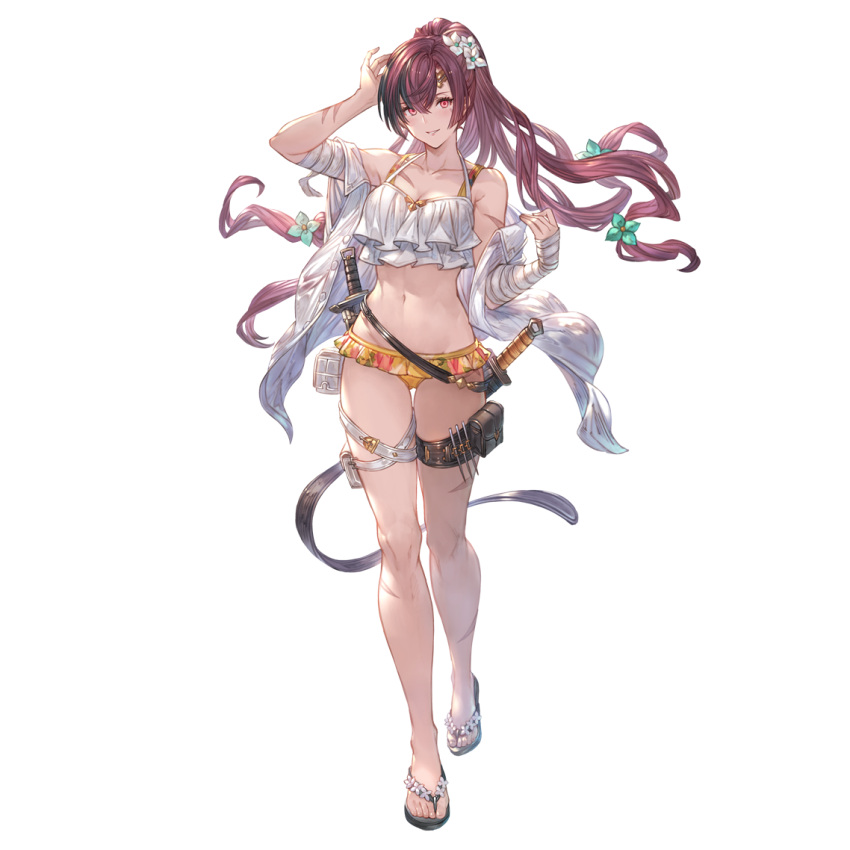 bandaged_arm bandages bikini bikini_top_only breasts female flower full_body granblue_fantasy hair_flower hair_ornament holster knife long_hair looking_at_viewer meg_(granblue_fantasy) midriff needle official_art pouch red_eyes sandals scar sheath sheathed solo swimsuit thigh_holster transparent_background