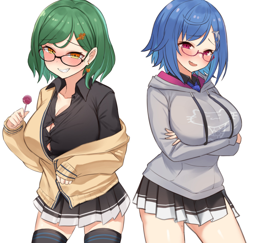 2girls :d absurdres alternate_breast_size arm_under_breasts bespectacled black-framed_eyewear black_thighhighs blue_hair blue_necktie blush breasts candy choco_tanuki cleavage collarbone collared_shirt cowboy_shot crossed_arms dolphin_hair_ornament dress_shirt earrings food glasses grey_hoodie grin hair_ornament hairclip highres holding holding_candy holding_food holding_lollipop hood hood_down hoodie jacket jewelry kitakoji_hisui large_breasts lollipop long_sleeves looking_at_viewer miniskirt mole mole_on_thigh multiple_girls naughty_face necktie nijisanji nishizono_chigusa oerba_yun_fang open_mouth plaid_necktie pleated_skirt print_hoodie purple-framed_eyewear purple_eyes school_uniform shirt short_hair simple_background skin_fang skirt smile thighhighs virtual_youtuber white_background yellow_eyes