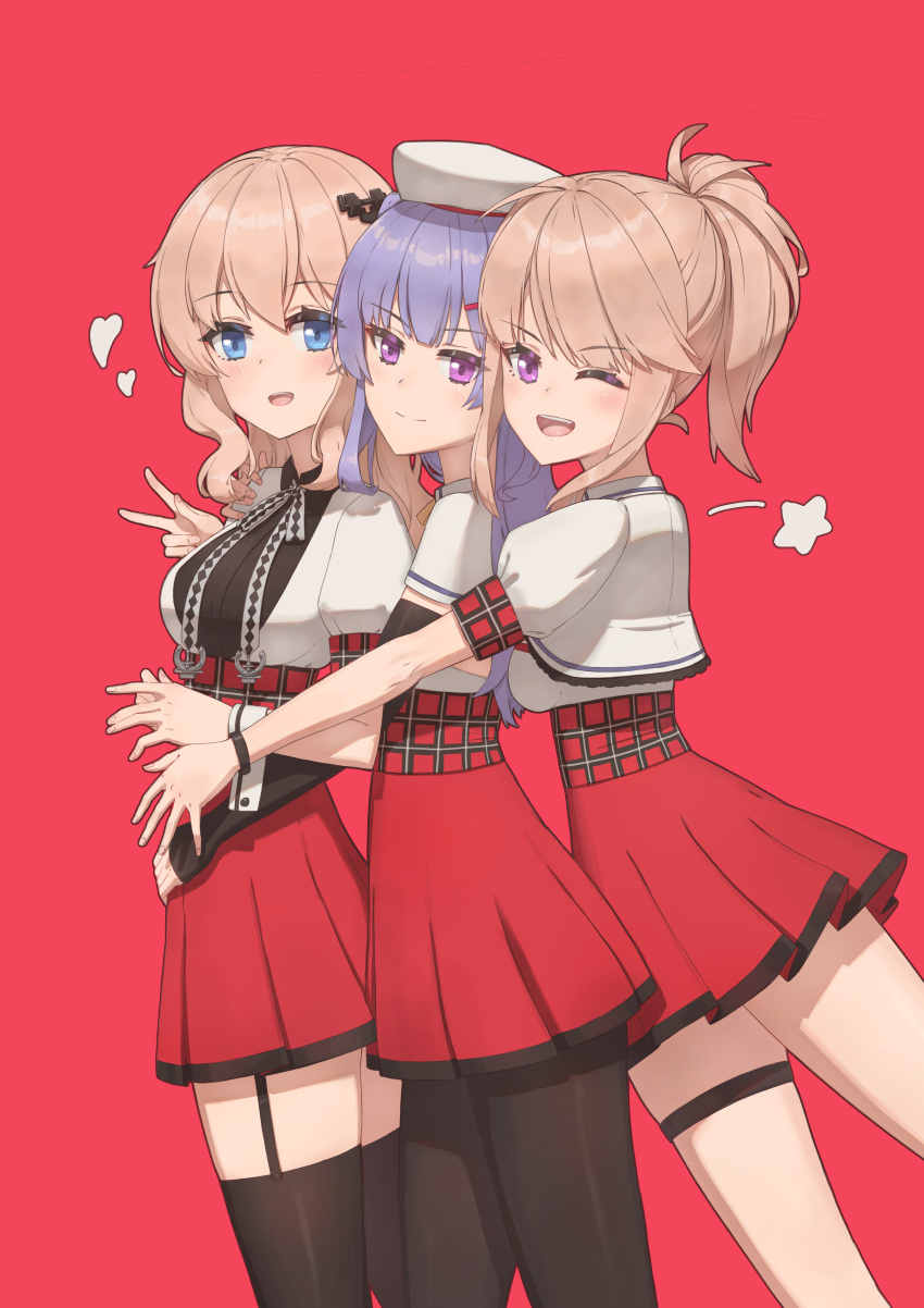 3girls absurdres achilles_(azur_lane) ajax_(azur_lane) azur_lane beret black_pantyhose black_thighhighs blonde_hair blue_eyes blue_hair garter_straps hair_ornament hat heart highres hug hug_from_behind leander_(azur_lane) light_blush linyexingyue looking_at_viewer multiple_girls open_mouth pantyhose pleated_skirt ponytail puffy_short_sleeves puffy_sleeves purple_eyes red_background red_skirt shirt short_sleeves simple_background skirt smile star_(symbol) thigh_strap thighhighs thighs v white_shirt