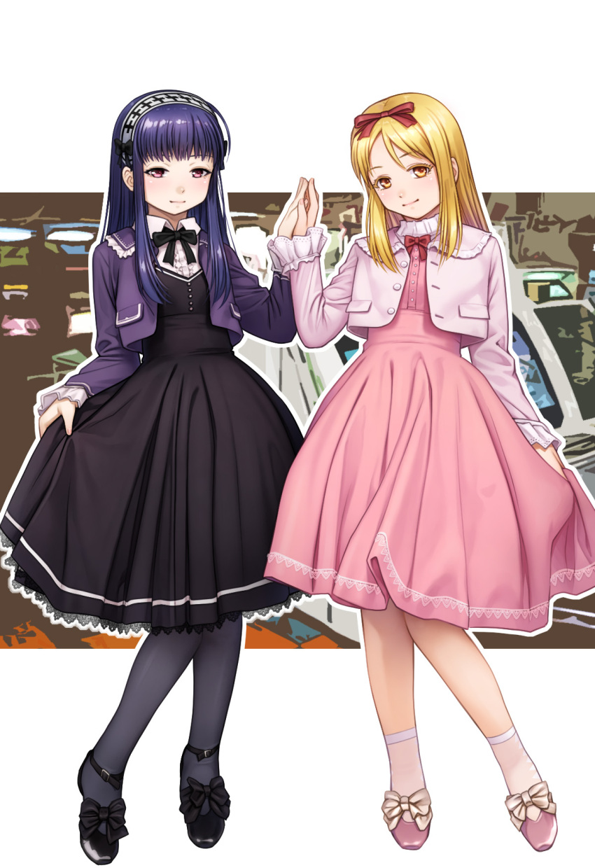 2girls black_dress blonde_hair commentary_request dress gothic_lolita hair_ribbon hairband hidaka_koharu high_score_girl highres holding_hands jacket lolita_fashion multiple_girls nikuoji oono_akira outline pantyhose pink_dress pink_eyes pink_jacket purple_hair purple_jacket ribbon skirt_hold yellow_eyes