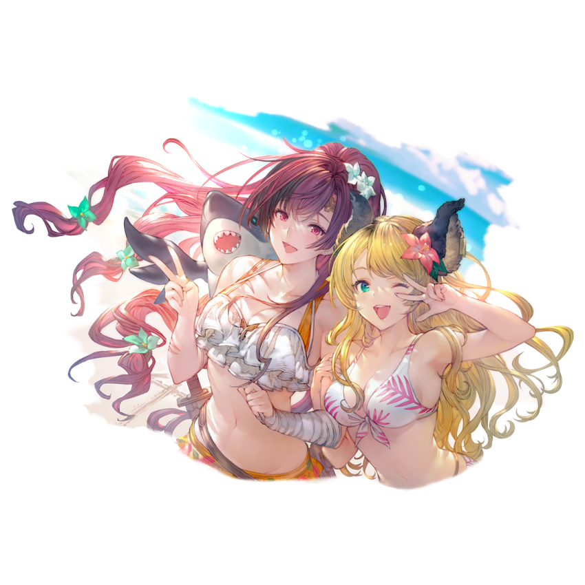 2girls bandaged_arm bandages bikini bikini_top_only blonde_hair blue_eyes breasts cloud erune flower granblue_fantasy hair_flower hair_ornament knife long_hair looking_at_viewer mari_(granblue_fantasy) meg_(granblue_fantasy) midriff multiple_girls official_art one_eye_closed red_eyes scar sheath sheathed sky swimsuit transparent_background ursula_(granblue_fantasy) v