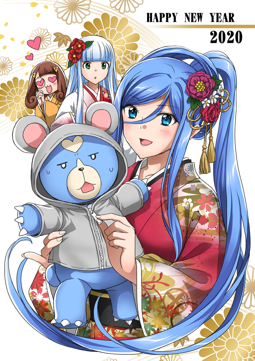 3girls :< aoki_hagane_no_arpeggio blue_eyes blue_hair brown_hair flower green_eyes hair_flower hair_ornament heart heart-shaped_eyes highres hood hyuuga_(aoki_hagane_no_arpeggio) iona_(aoki_hagane_no_arpeggio) itsuki_sayaka japanese_clothes kimono kirishima_(aoki_hagane_no_arpeggio) long_hair multiple_girls takao_(aoki_hagane_no_arpeggio) yotarou_(aoki_hagane_no_arpeggio) yukata