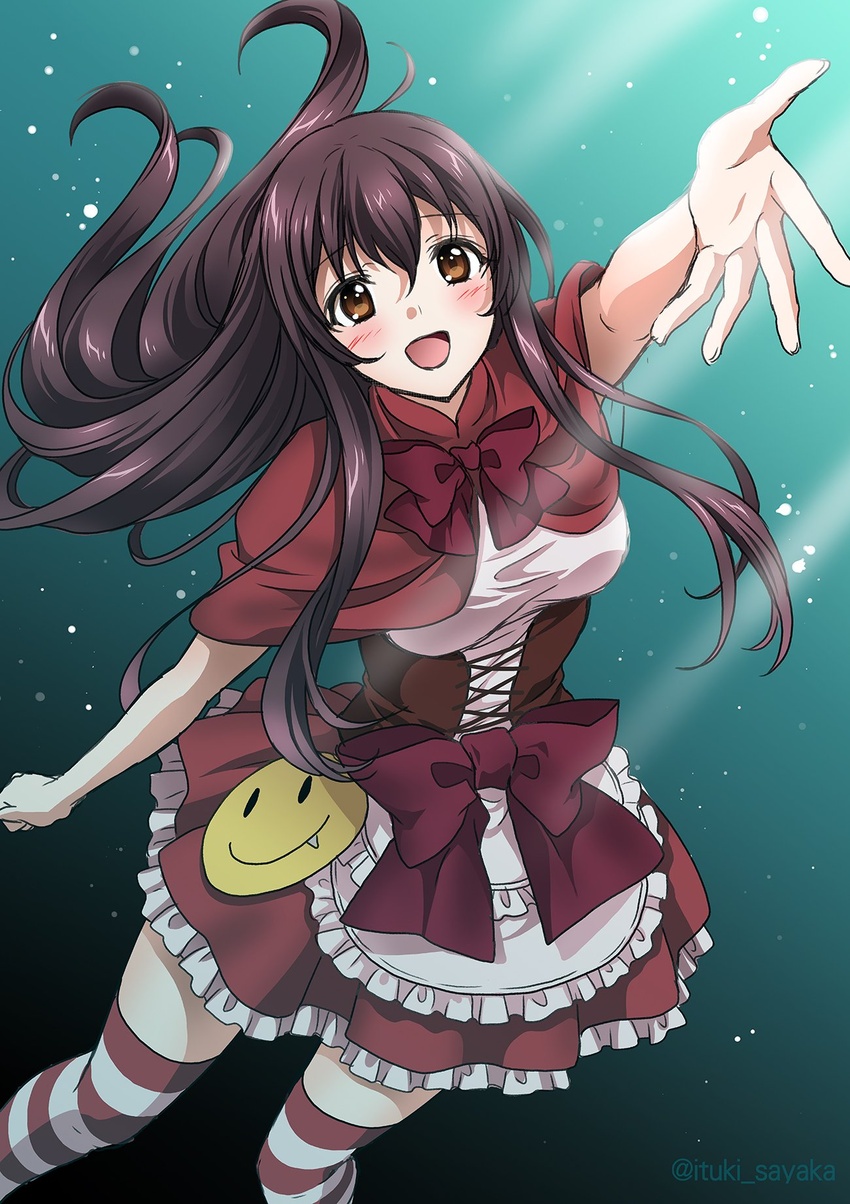 :d aoki_hagane_no_arpeggio black_hair brown_eyes capelet dress female frilled_dress frills highres itsuki_sayaka looking_at_viewer maya_(aoki_hagane_no_arpeggio) open_mouth sidelocks smile smiley_face solo striped_clothes striped_thighhighs thighhighs underwater