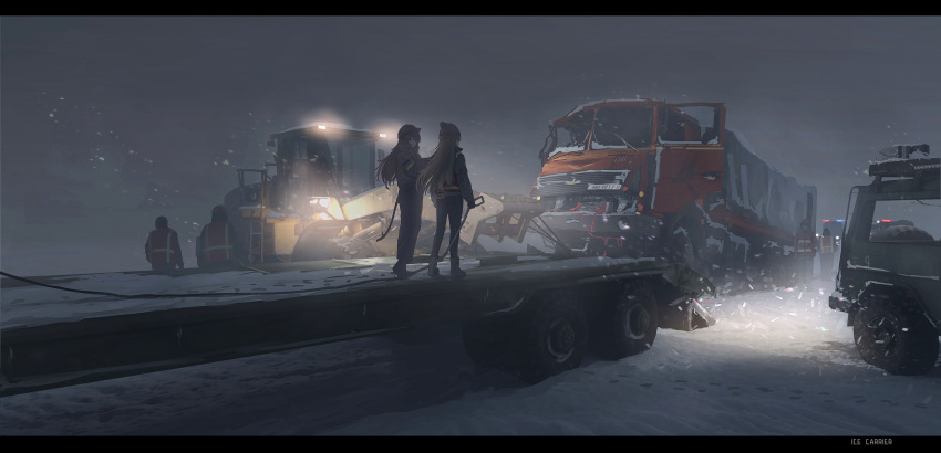 2girls accident coat daria_(haguruma_c) flatbed_truck haguruma_c highres ice knit_hat letterboxed motor_vehicle multiple_boys multiple_girls night original snow snowplow sweater tow_hook trailer truck viveka_(haguruma_c) winter_clothes winter_coat wreckage