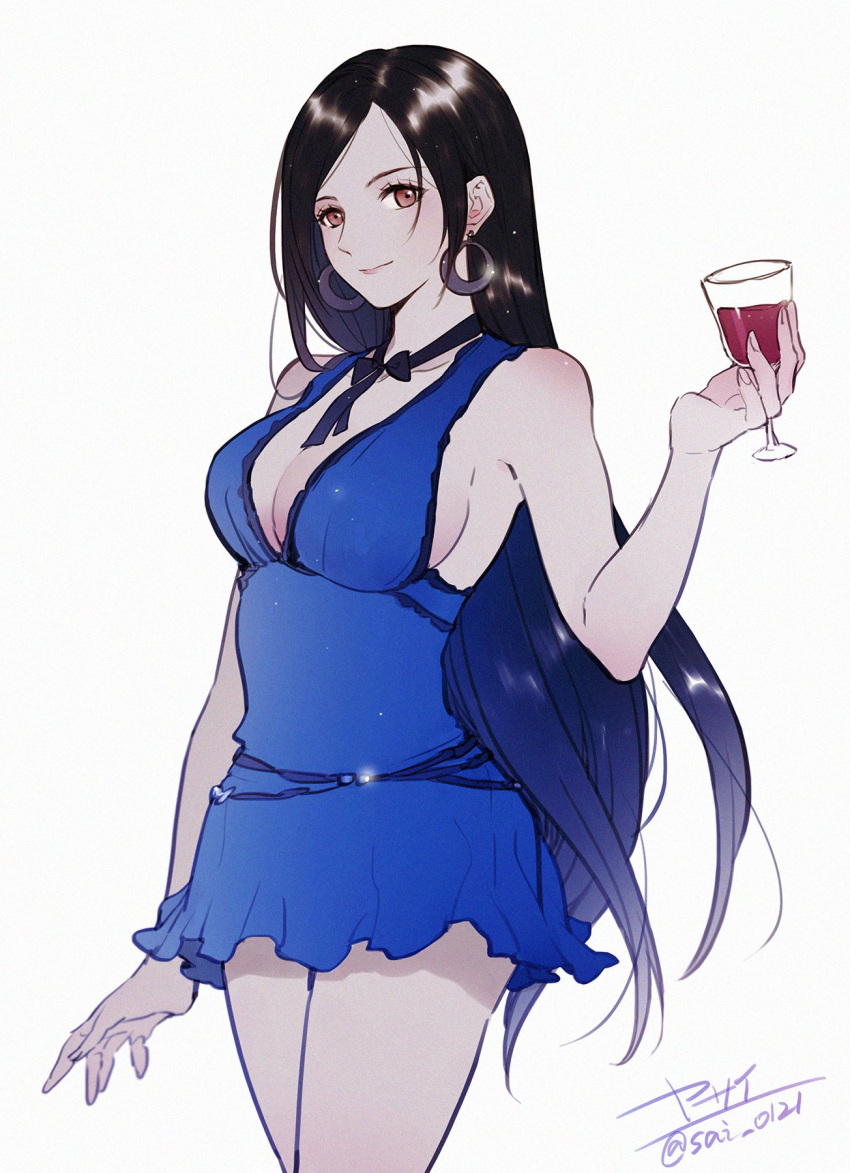 bare_arms bare_shoulders black_hair blue_dress breasts cleavage closed_mouth commentary_request cowboy_shot crescent crescent_earrings cup dress drinking_glass earrings female final_fantasy final_fantasy_vii final_fantasy_vii_remake glint hand_up highres holding holding_cup jewelry large_breasts light_smile long_hair looking_at_viewer neck_ribbon official_alternate_costume red_eyes ribbon short_dress signature simple_background sleeveless sleeveless_dress solo swept_bangs tifa_lockhart tifa_lockhart_(refined_dress) twitter_username yasai_(getsu)