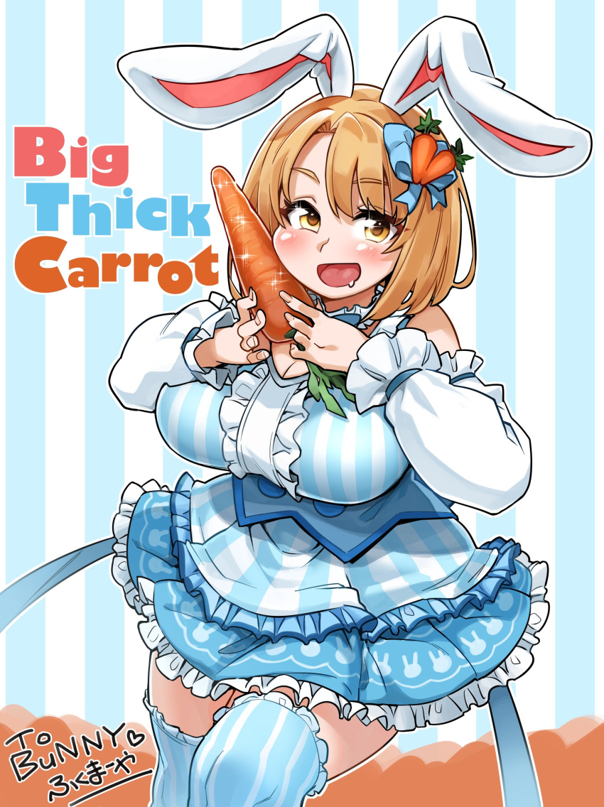 absurdres animal_ears bare_shoulders blonde_hair blue_dress blue_thighhighs blush bow breasts bunny_ayumi_(vtuber) carrot carrot_hair_ornament cleavage commentary_request detached_sleeves dress drooling english_text feet_out_of_frame female food-themed_hair_ornament frills fukumaaya hair_ornament hairbow highres indie_virtual_youtuber long_sleeves looking_at_viewer medium_hair open_mouth rabbit_ears solo tareme thick_thighs thighhighs thighs virtual_youtuber yellow_eyes