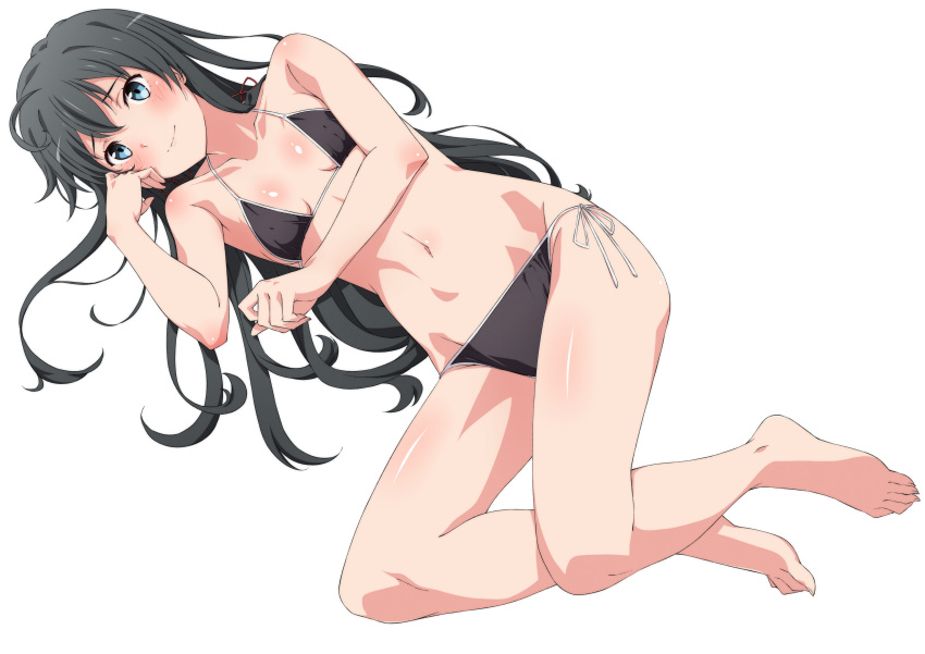 absurdres alternate_costume barefoot bikini black_bikini black_hair blue_eyes border breasts female full_body highres long_hair looking_at_viewer lying on_side shou937 side-tie_bikini_bottom sidelocks simple_background small_breasts smile solo swimsuit white_background yahari_ore_no_seishun_lovecome_wa_machigatteiru. yukinoshita_yukino