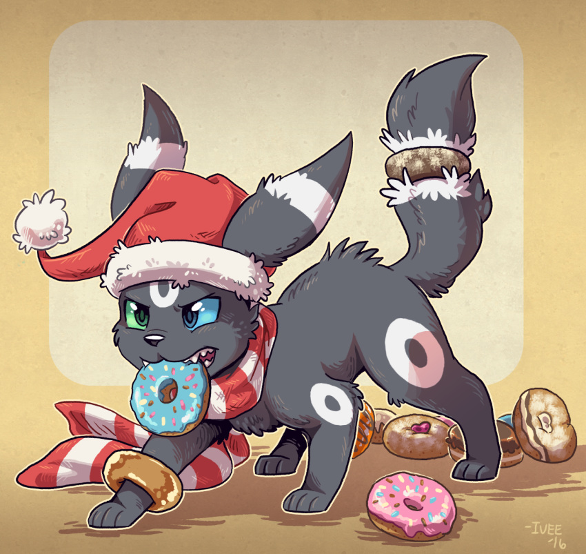 2016 ambiguous_gender arched_back black_body black_fur blue_eyes christmas christmas_clothing christmas_headwear clothing dessert doughnut eeveelution fan_character food food_in_mouth food_on_body frosting fur generation_2_pokemon green_eyes hat headgear headwear heterochromia hi_res holidays jelly_(food) nintendo pastry pattern_clothing pattern_scarf pokemon pokemon_(species) powder santa_hat scarf shellyochunks signature sky_(umbry_sky) snarling solo sprinkles striped_clothing striped_scarf stripes umbreon white_body white_fur