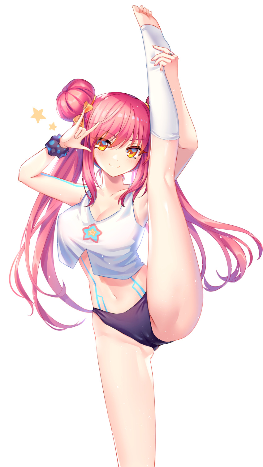 absurdres ass bad_id bad_pixiv_id barefoot bow breasts character_request crop_top double_bun female hair_bun hair_ornament highres lalazyt medium_breasts midriff navel panties pink_hair smile soles solo split standing standing_on_one_leg standing_split stomach thighhighs tokyo_necro tokyo_necro_suicide_mission twintails underwear white_thighhighs yellow_bow yellow_eyes