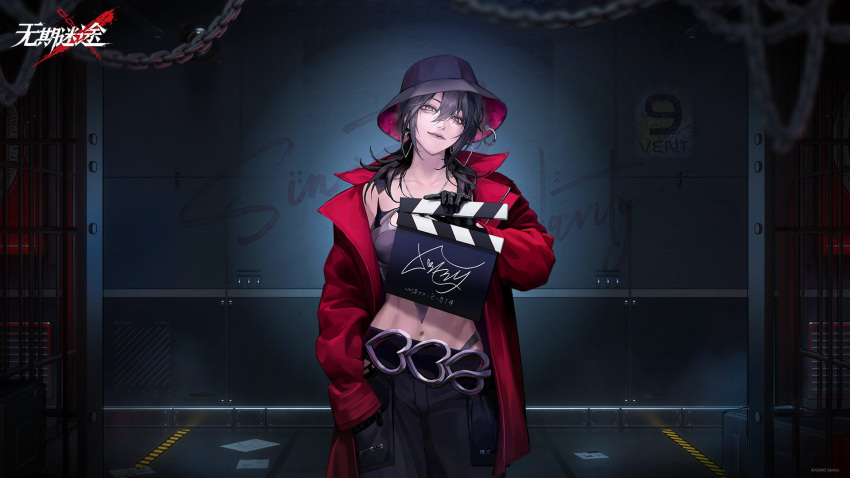 black_gloves black_hair black_hat black_pants chains clapperboard closed_mouth crop_top deren_(path_to_nowhere) earrings female floor gloves grey_eyes hair_between_eyes hand_in_pocket hat highres indoors jacket jewelry looking_at_viewer mugshot navel necklace official_art official_wallpaper open_clothes open_jacket pants paper path_to_nowhere red_jacket smile solo wall