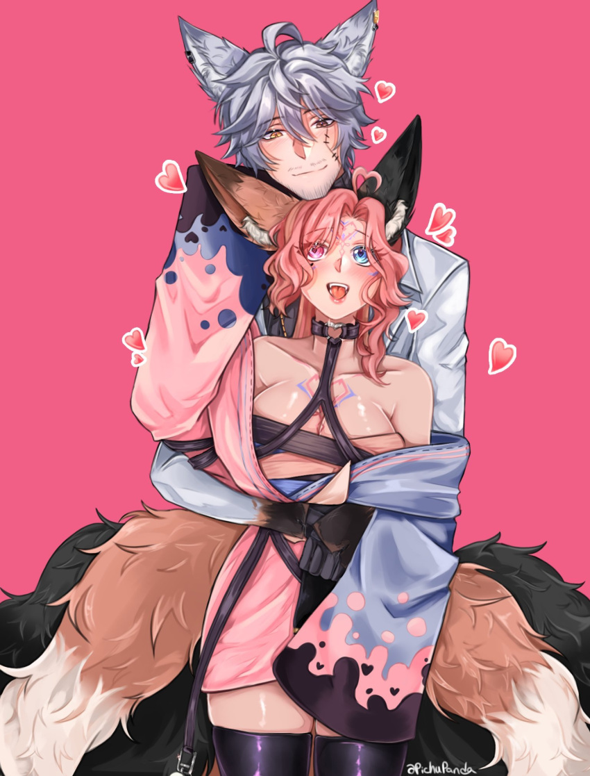 1boy ahoge animal_ears breasts chest_tattoo choker cleavage commentary couple docc_woody dress english_commentary facial_hair female fox_boy fox_ears fox_girl fox_tail grey_hair happy heart heart_ahoge heart_o-ring heterochromia highres indie_virtual_youtuber itspichupanda japanese_clothes kimono large_breasts long_sleeves looking_at_viewer looking_up moustache o-ring o-ring_choker open_clothes open_mouth pink_background pink_eyes pink_hair red_eyes second-party_source shiny_clothes shiny_skin short_hair short_kimono skindentation smile standing straight sukaisune tail tattoo thighhighs upper_body virtual_youtuber wide_sleeves yellow_eyes