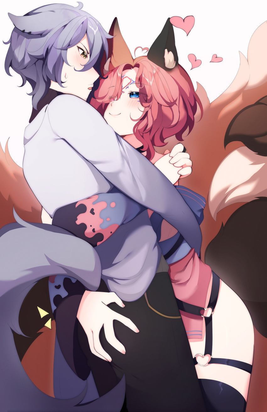 1boy absurdres ahoge animal_ear_fluff animal_ears ass_grab black_thighhighs blue_eyes commentary commission couple docc_woody dress english_commentary facial_hair facing_another female female_pervert fox_boy fox_ears fox_girl fox_tail from_side grey_hair hair_over_one_eye heart heart_ahoge heart_o-ring highres hug indie_virtual_youtuber kuinmelen looking_at_another moustache pervert pink_dress pink_hair profile second-party_source shiny_clothes short_hair smile standing straight sukaisune sweatdrop tail thighhighs virtual_youtuber yellow_eyes