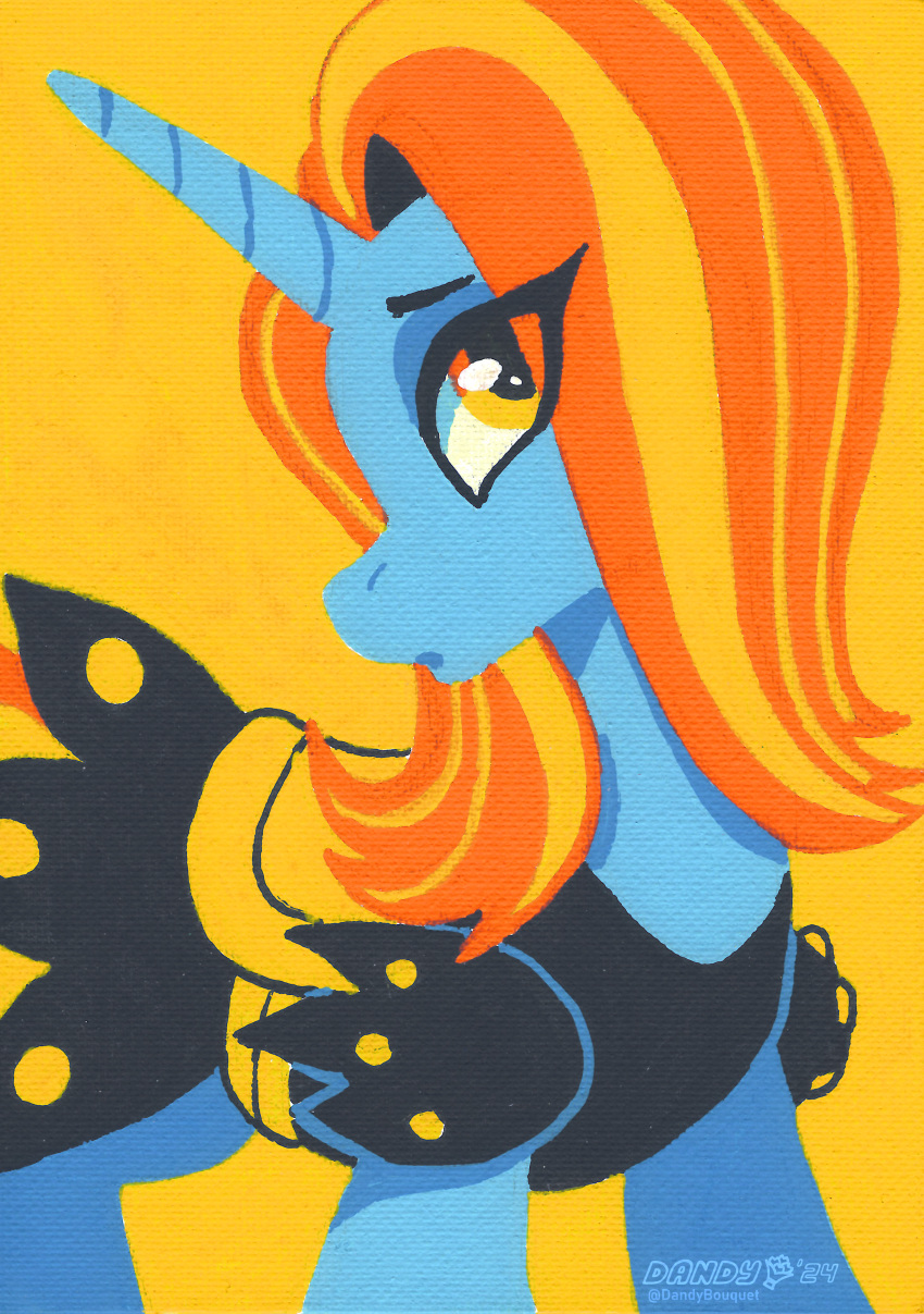 absurd_res amber_eyes blue_body blue_fur clothing dandy_(artist) equid equine female feral friendship_is_magic fur hair hasbro hi_res horn mammal my_little_pony mythological_creature mythological_equine mythology orange_hair saddle sassy_saddles_(mlp) traditional_media_(artwork) unicorn