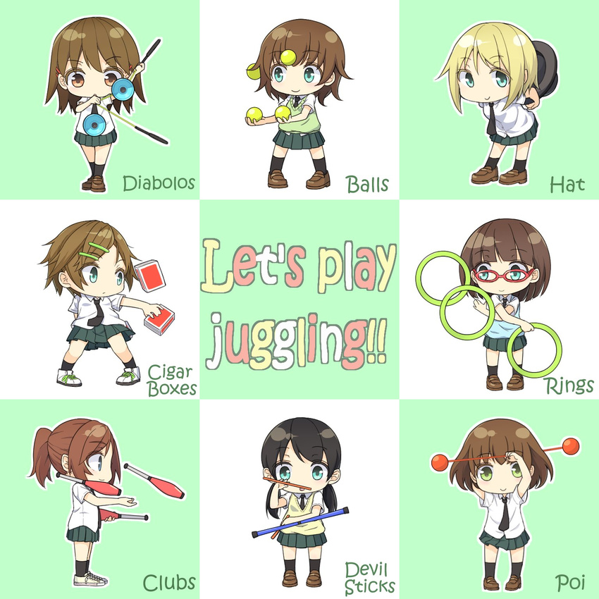 6+girls :/ aqua_eyes arm_behind_back ball beige_sweater black_hair black_hat black_legwear black_necktie blonde_hair blue_sweater blunt_bangs brown_eyes brown_footwear brown_hair chibi chintara10 cigar_box closed_mouth collared_shirt colored_eyelashes commentary_request crossed_arms devil_sticks diabolo english_text full_body glasses green_eyes green_skirt green_sweater hair_ornament hairclip hat head_tilt highres holding holding_clothes holding_hat jewelry juggling juggling_club kneehighs leaning_forward loafers long_hair looking_at_viewer low_twintails multiple_girls necktie original outline parted_lips pleated_skirt poi_(object) ponytail profile red-framed_eyewear ring school_uniform shirt shoes short_sleeves skirt smile socks standing sweater sweater_vest twintails unworn_hat unworn_headwear white_footwear white_shirt wing_collar