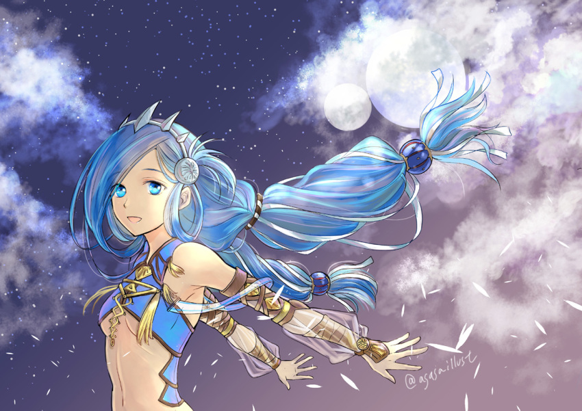 :d agasa_(agasaillust) armpits arms_behind_back blue_eyes blue_hair breasts cloud dana_(ys) detached_sleeves diadem female floating_hair full_moon hair_ribbon long_hair long_sleeves looking_at_viewer moon multiple_moons open_mouth outdoors outstretched_arms photoshop_(medium) ribbon see-through sky small_breasts smile solo star_(sky) starry_sky swept_bangs twintails twitter_username underboob very_long_hair white_ribbon ys ys_viii_lacrimosa_of_dana