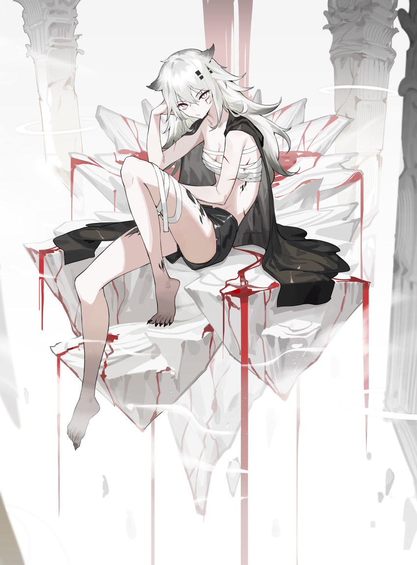 absurdres animal_ears arknights bare_legs barefoot black_cape black_shorts blood breasts cape cleavage closed_mouth collarbone floating_rock full_body grey_eyes highres knee_up krin_(krinnin) lappland_(arknights) long_hair material_growth medium_breasts nail_polish oripathy_lesion_(arknights) pillar sarashi scar scar_across_eye scar_on_face sharp_toenails short_shorts shorts sitting toenail_polish toenails very_long_hair white_hair wolf_ears