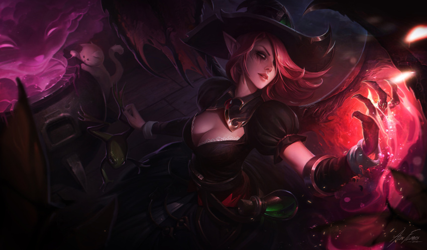 alex_flores armor bewitching_morgana black_dress black_hat breasts claws cleavage commentary dress english_commentary feline female frog hair_over_one_eye hat highres jewelry large_breasts league_of_legends lips long_hair magic monster_girl morgana_(league_of_legends) official_art open_mouth red_hair solo white_eyes wings witch witch_hat