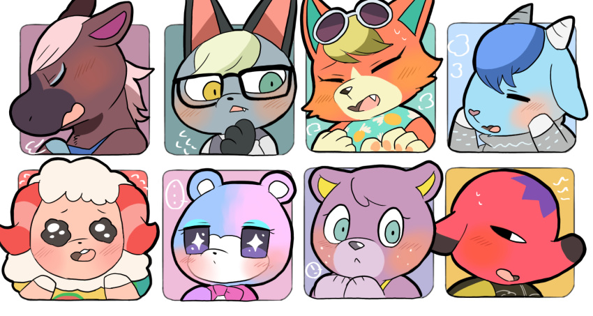 animal_crossing anthro audie_(animal_crossing) bear blush bovid canid canine canis caprine chibi closed_eyes cyd_(animal_crossing) dom_(animal_crossing) domestic_cat elephant elephantid embarrassed equid equine eyewear felid feline felis female glasses goat headshot_portrait heterochromia horse judy_(animal_crossing) looking_at_viewer male mammal megan_(animal_crossing) multiple_images nintendo portrait proboscidean raymond_(animal_crossing) reneigh_(animal_crossing) sheep sherb_(animal_crossing) solo sparkles sparkling_eyes toumoro_22 wolf