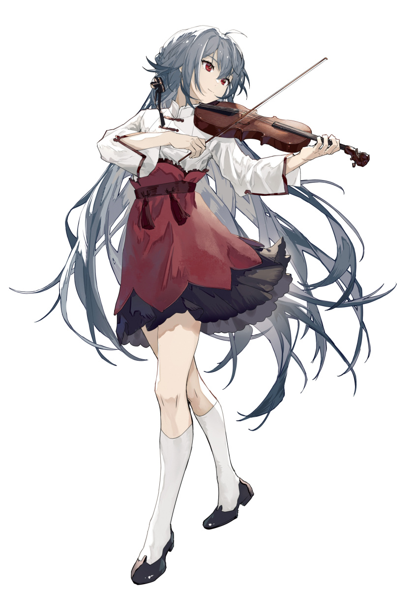 absurdres bad_id bad_lofter_id black_footwear black_hair chinese_clothes closed_mouth female fu_hua fu_hua_(herrscher_of_sentience) full_body highres holding holding_instrument holding_violin honkai_(series) honkai_impact_3rd instrument long_hair long_sleeves qqqne red_eyes red_skirt shirt shoes simple_background skirt socks solo violin white_background white_shirt white_socks