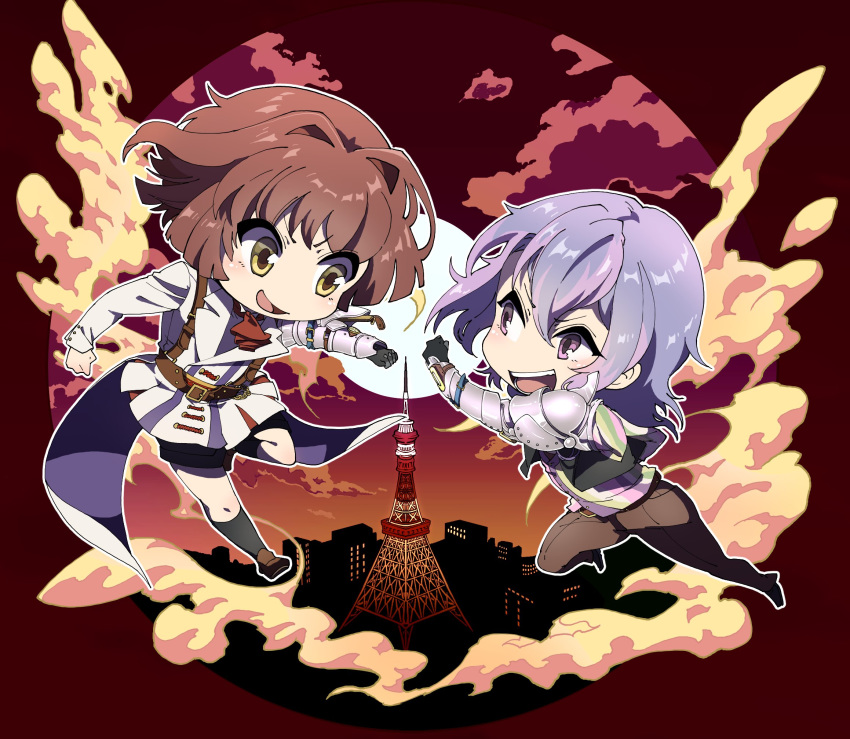 2boys :d belt belt_buckle black_shorts black_vest brown_belt brown_footwear brown_hair brown_pants buckle buttons chibi ciconia_no_naku_koro_ni cloud gauntlets grey_legwear highres hinamikan jayden_(ciconia) light_purple_hair long_sleeves male_focus md5_mismatch mitake_miyao multiple_boys open_mouth pants pink_eyes shoes short_hair shorts smile socks vest yellow_eyes