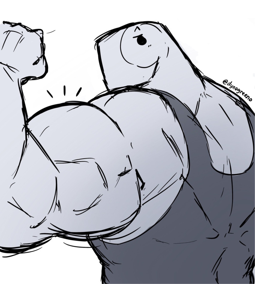 big_muscles blush blush_lines clothing dark_clothing dinosaur dynogreeno extinct flexing flexing_bicep hi_res largo_(dynogreeno) male muscular muscular_male prehistoric_species reptile scalie shirt simple_background solo tank_top topwear white_background