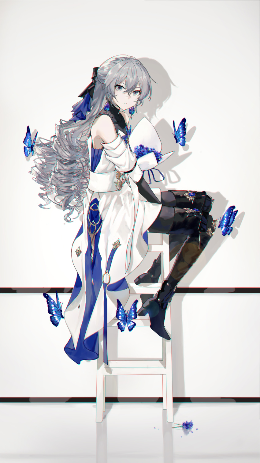 absurdres bad_id bad_lofter_id bare_shoulders black_legwear blue_butterfly blue_flower boots bouquet bronya_rand bug butterfly dress drill_hair earrings female flower full_body grey_eyes grey_hair highres holding holding_bouquet honkai:_star_rail honkai_(series) jewelry long_hair looking_at_viewer looking_to_the_side pantyhose qqqne sitting solo thigh_boots thighhighs twin_drills white_dress white_sleeves