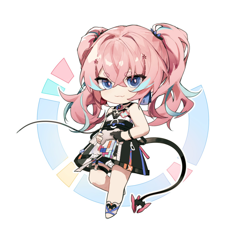 absurdres bad_id bad_lofter_id blue_eyes chibi closed_mouth dress female full_body highres honkai_(series) honkai_impact_3rd long_hair pink_hair qqqne rozaliya_olenyeva rozaliya_olenyeva_(fervent_tempo) sleeveless sleeveless_dress smile solo tail thick_eyebrows twintails white_background white_footwear