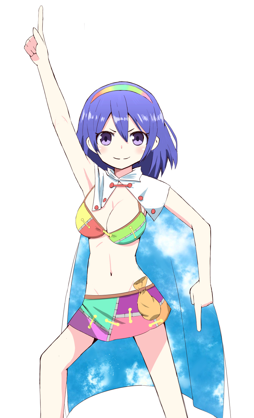 absurdres adapted_costume arm_up bad_id bad_pixiv_id bag bikini blush breasts cape cleavage closed_mouth commentary feet_out_of_frame female groin hair_between_eyes hairband highres large_breasts looking_at_viewer medium_hair navel pointing pointing_down pointing_up pose purple_eyes purple_hair rainbow_gradient saturday_night_fever simple_background smile solo standing swimsuit taiga_(taiga1125) tenkyuu_chimata touhou v-shaped_eyebrows white_background white_cape