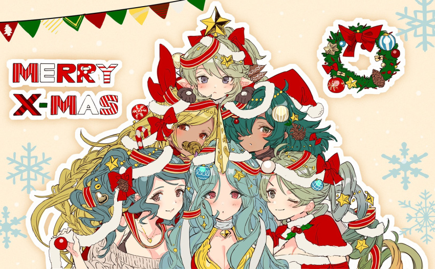 6+girls :< ahoge anat_(granblue_fantasy) artist_request blonde_hair blush bow braid breasts brown_eyes candy candy_cane choker christmas christmas_ornaments cleavage de_la_fille drill_hair eyebrows food granblue_fantasy green_eyes green_hair grey_eyes hair_ornament hair_over_one_eye hairbow harvin heart heart_necklace helel_ben_shalem herja highres holly horns jewelry kolulu_(granblue_fantasy) looking_at_viewer mimlememel multicolored_hair multiple_girls necklace official_art one_eye_closed pacifier pinecone pointy_ears ponytail purple_eyes red_eyes santa_costume single_braid single_horn smile smirk star_(symbol) star_hair_ornament twin_drills upper_body wreath