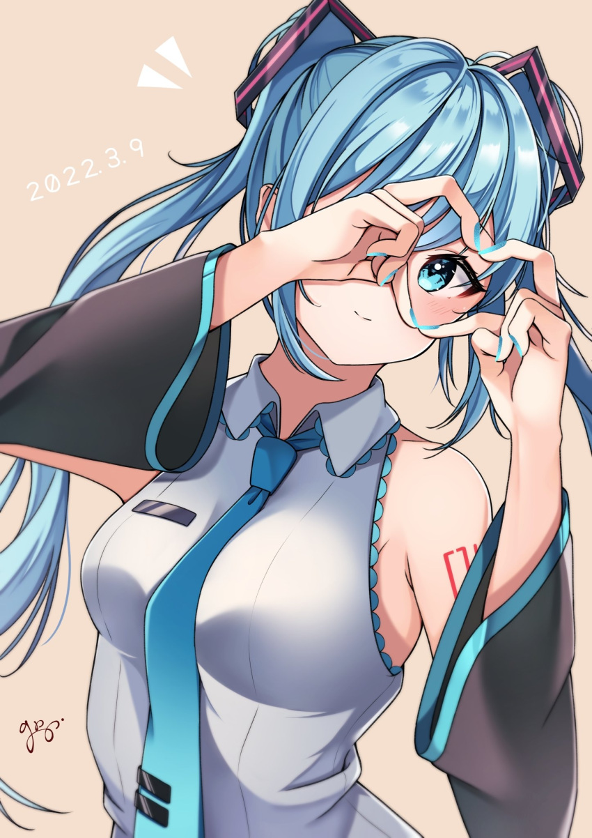 39 2022 arm_tattoo black_sleeves blue_eyes blue_hair blue_necktie blush breasts closed_mouth collared_shirt commentary dated detached_sleeves female floating_hair grey_background guri_(gri1211) hair_ornament hatsune_miku heart heart_hands highres long_hair long_sleeves looking_at_viewer medium_breasts necktie one_eye_covered peeking_through_fingers shirt signature sleeveless sleeveless_shirt smile solo tattoo twintails upper_body very_long_hair vocaloid white_shirt wing_collar