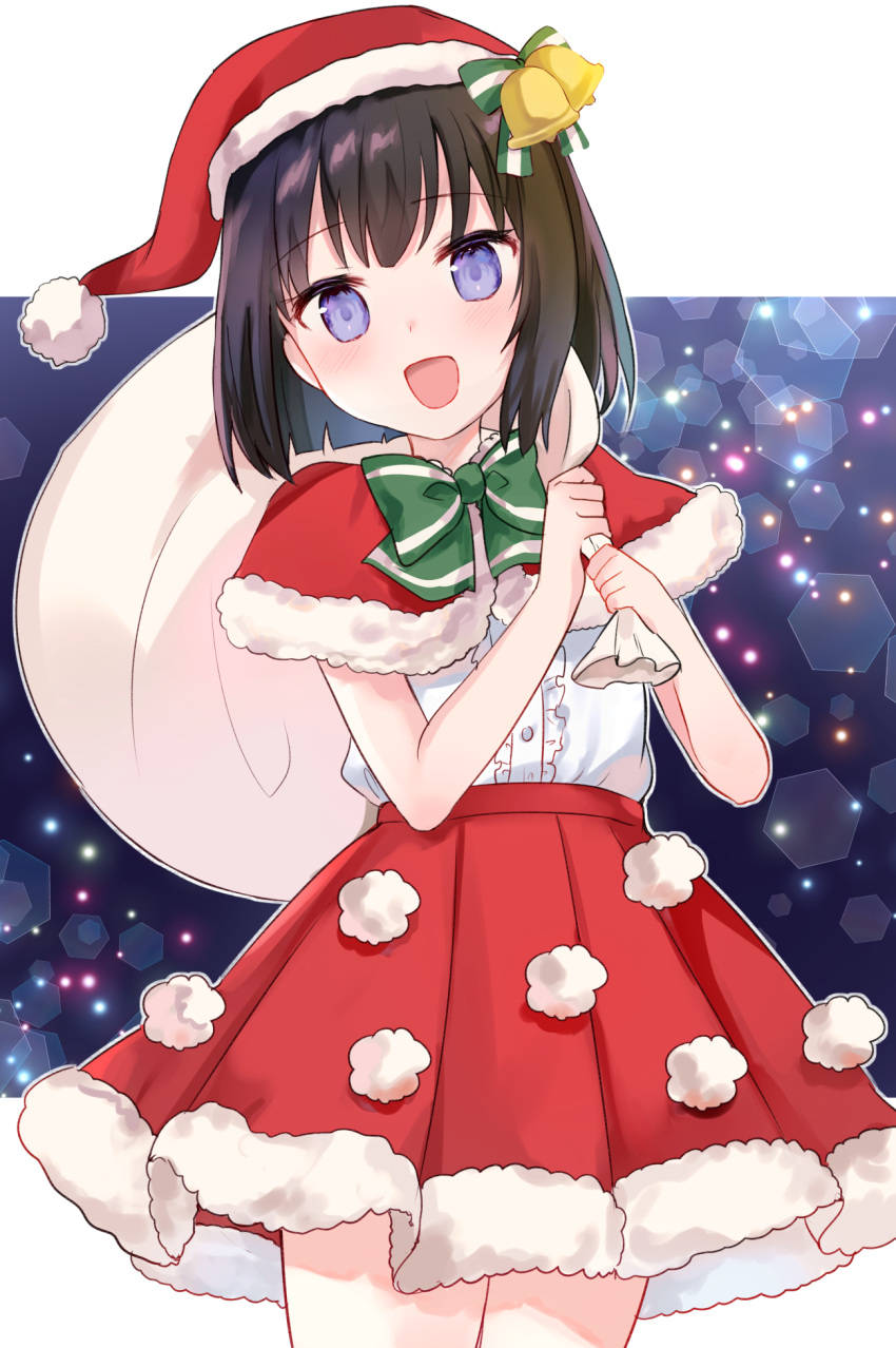 :d bell black_hair blush bow capelet center_frills chiune_(yachi) commentary_request female frills fur-trimmed_capelet fur-trimmed_headwear fur-trimmed_skirt fur_trim hachisuka_hatsuno hands_up hat head_tilt highres holding holding_sack looking_at_viewer open_mouth pleated_skirt purple_eyes red_capelet red_hat red_skirt sack santa_costume santa_hat shirt short_hair skirt smile solo striped striped_bow tsumugu_otome_to_taishou_no_tsuki white_shirt