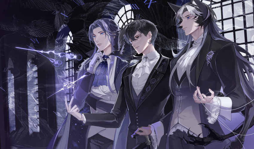 3boys absurdres amon_(lord_of_the_mysteries) animal_ears antigonus_(lord_of_the_mysteries) bird black_cape black_eyes black_hair black_jacket black_pants blue_eyes blue_hair blue_neckwear cane cape clock_hands constellation_costume crow earrings gem gloves grey_vest hand_on_own_chin highres holding holding_cane indoors jacket jewelry lips long_hair long_sleeves looking_ahead lord_of_the_mysteries monocle mr._door multiple_boys neckerchief pants parted_lips ray98774 ring roman_numeral shirt short_hair solar_system star_(sky) string symbol symbolism teeth vest white_gloves white_neckerchief white_shirt window wolf_boy wolf_ears