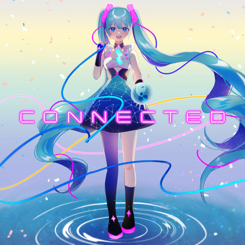 absurdres album_cover blue_eyes blue_hair boots breasts cable commentary cover earth_(planet) english_commentary english_text female floating_hair full_body hatsune_miku headset highres holding_orb holding_planet long_hair open_mouth planet ripples single_thigh_boot small_breasts solo song_name thigh_boots thighhighs twintails vocaloid water yunare