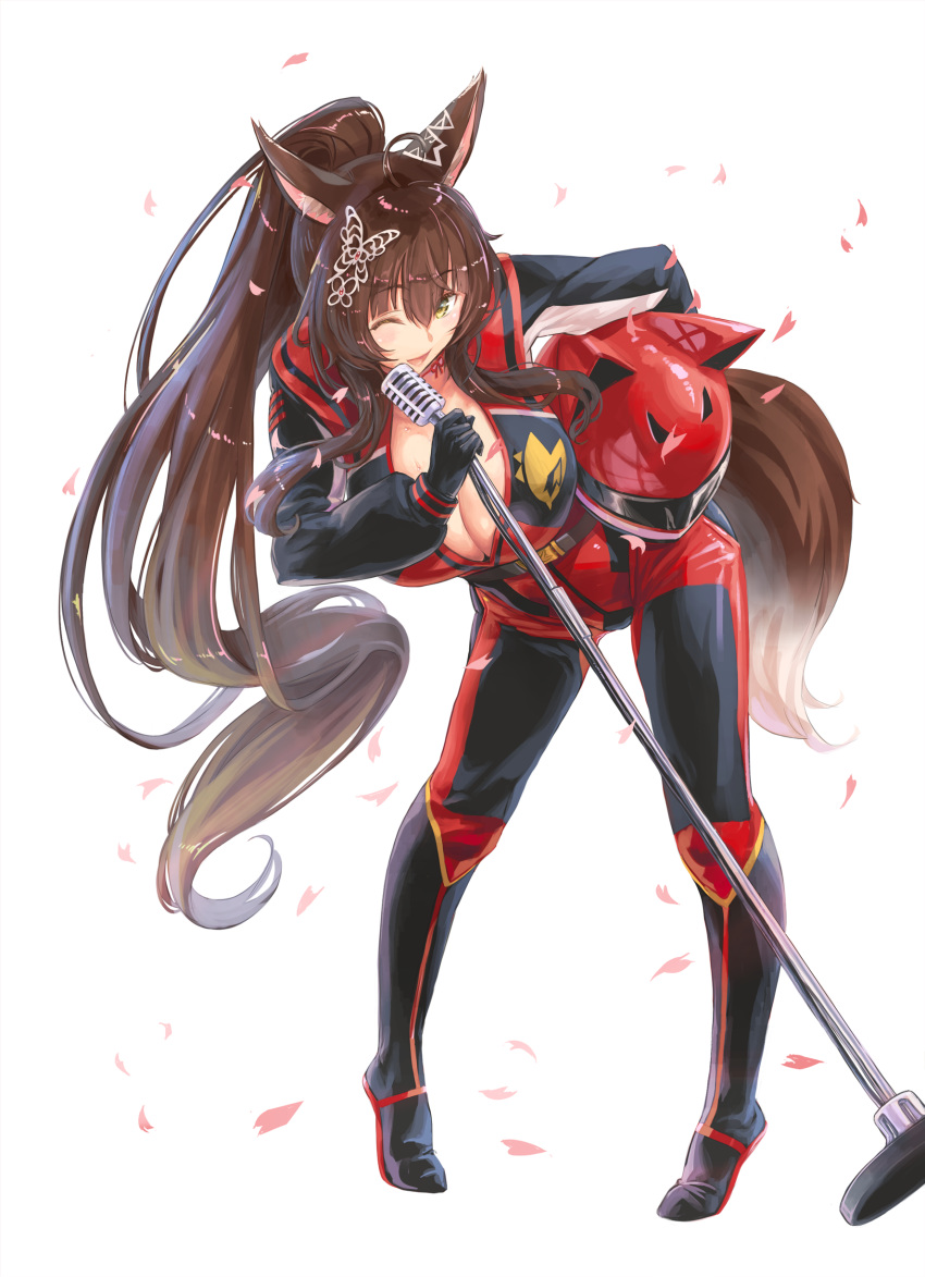 ;) absurdres animal_ears animal_ears_helmet breasts brown_hair cherry_blossoms cleavage female fox_ears fox_tail fumi_(2nd_costume)_(nijisanji) fumi_(nijisanji) helmet highres kiyama_satoshi large_breasts leaning_forward long_sleeves microphone nijisanji one_eye_closed pilot_suit ponytail science_fiction smile solo sweat tail virtual_youtuber yellow_eyes