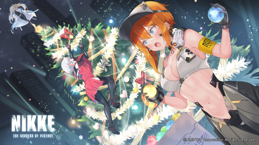 3girls absurdres black_bodysuit blonde_hair blue_eyes bodysuit breasts christmas christmas_ornaments christmas_tree city cleavage climbing drake_(nikke) goddess_of_victory:_nikke highres jacket jewelry korean_commentary laplace_(nikke) long_hair matis_(nikke) maxwell_(nikke) multiple_girls navel night official_art open_clothes open_jacket open_mouth orange_hair outdoors red_eyes short_hair standing suzuho_hotaru thighhighs twintails visor_cap white_hair