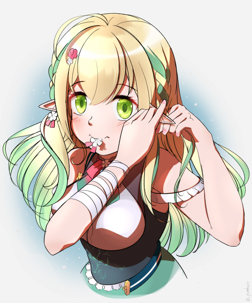 adjusting_hair ahoge arms_up bad_id bad_pixiv_id bandaged_arm bandages bare_shoulders belt blonde_hair blush braid braiding_hair breasts dress elf female flower frills gradient_hair green_eyes green_hair hair_flower hair_ornament hairdressing highres juansimba97 long_hair looking_at_viewer medium_breasts multicolored_hair neck_ribbon open_belt pink_flower pointy_ears ribbon saohime_yue shirt side_braid sidelocks sleeveless sleeveless_dress sleeveless_shirt solo twitter_username underbust upper_body virtual_youtuber wactor_production white_flower white_shirt