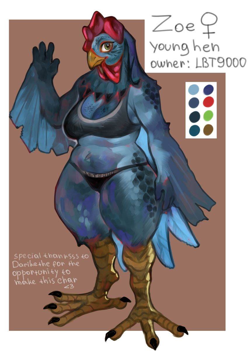 2023 4_fingers 4_toes absurd_res anthro artist_name avian beak bent_arm big_eyes big_iris biped bird black_claws black_text blue_body blue_feathers bra breasts character_name chicken claws cleavage closed_smile clothed clothed_anthro clothed_female clothing dark_body dark_feathers digital_drawing_(artwork) digital_media_(artwork) english_text extended_arm eyeliner feathers feet female female_anthro female_symbol fingers full-length_portrait galliform gallus_(genus) gender_symbol geometric_background gesture green_eyes heart_symbol hi_res iris lbt9000 looking_at_viewer makeup medium_breasts model_sheet mouth_closed multicolored_bra multicolored_clothing multicolored_panties multicolored_underwear non-mammal_breasts panties phasianid portrait pupils red_eyeliner simple_background slightly_chubby slightly_chubby_anthro slightly_chubby_female smile smiling_at_viewer solo straight_legs symbol text text_on_clothing text_on_panties text_on_underwear thick_thighs toe_claws toes two_tone_bra two_tone_clothing two_tone_panties two_tone_underwear underwear waving waving_at_viewer white_text wide_hips yellow_beak zoe_(lbt9000)