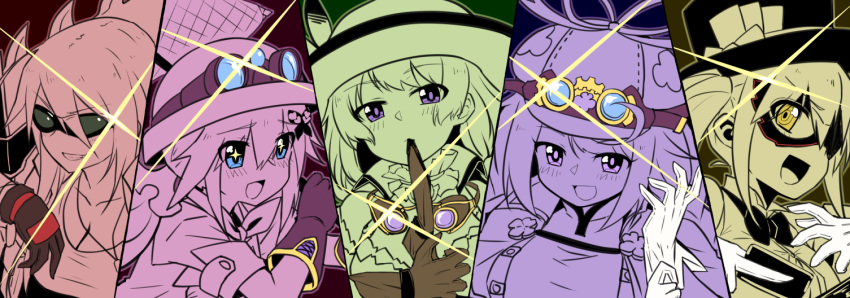 +_+ 5girls :d achillea_(flower_knight_girl) biting blue_eyes blush cabbie_hat closed_mouth commentary_request diffraction_spikes domino_mask flower_knight_girl glove_biting glove_in_mouth gloves goggles goggles_on_headwear green-tinted_eyewear grin hair_between_eyes hair_ornament hat head_tilt jacket komachisou_(flower_knight_girl) limited_palette long_hair maronie_(flower_knight_girl) mask mizunashi_(second_run) mouth_hold multiple_girls open_mouth purple_eyes shirt short_sleeves smile streptocarpus_(flower_knight_girl) sunglasses tinted_eyewear top_hat unworn_gloves warunasubi_(flower_knight_girl) yellow_eyes