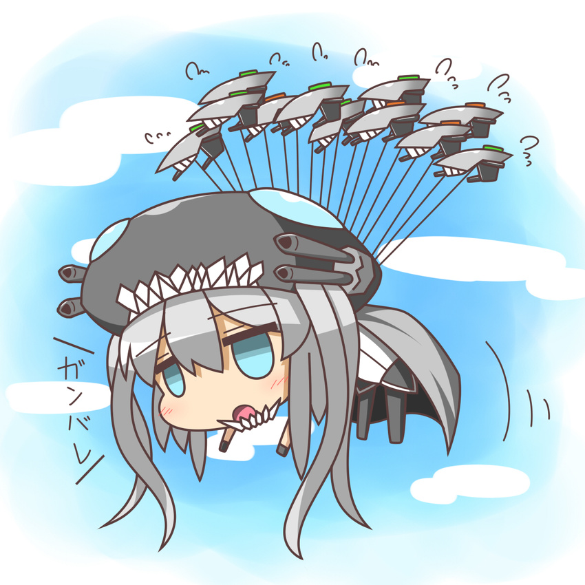 abyssal_ship blue_eyes cape chibi commentary_request enemy_aircraft_(kancolle) fail_whale feiton female grey_hair highres kantai_collection monster open_mouth pantyhose solo translated turret wo-class_aircraft_carrier