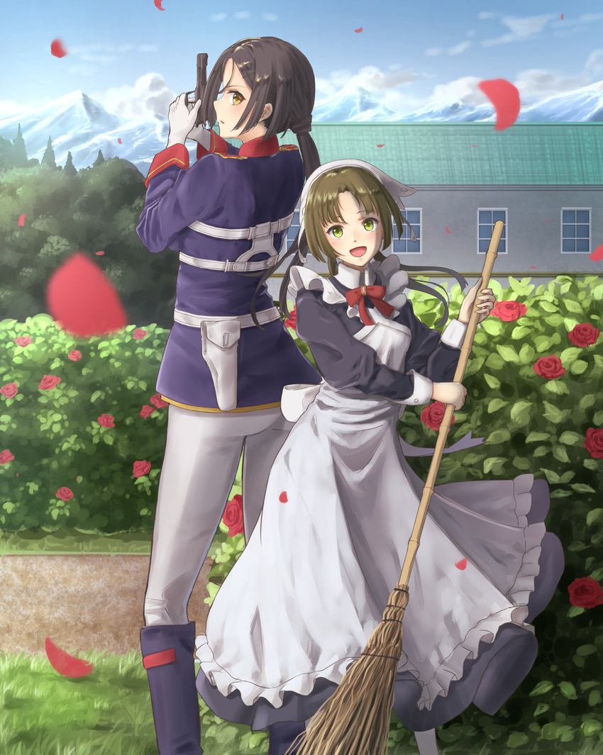 2girls apron bianca_(shuumatsu_no_izetta) black_hair blush broom brown_hair building commentary_request gloves green_eyes gun hair_ornament hairclip handgun highres holding holding_broom holding_gun holding_weapon long_hair looking_at_viewer lotte_(shuumatsu_no_izetta) maid maid_apron multiple_girls open_mouth petals ponytail shuumatsu_no_izetta smile standing sugi87 twintails weapon white_gloves window yellow_eyes