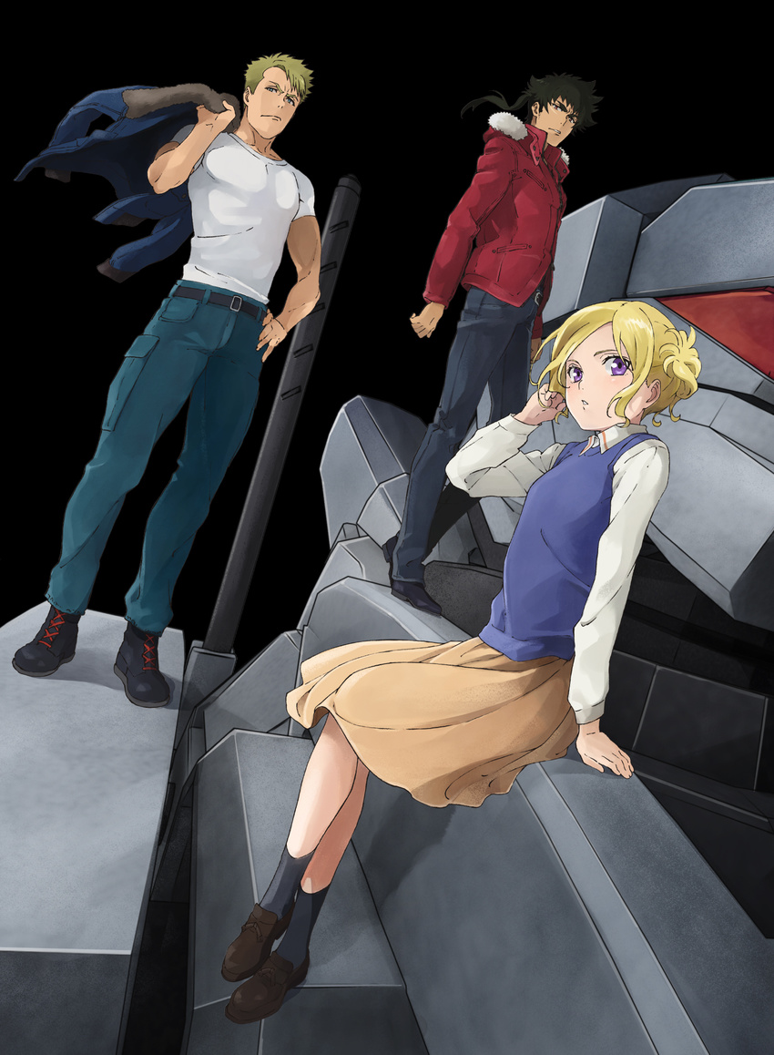 2boys arm_support bad_link belt black_background black_footwear black_hair black_legwear black_pants blonde_hair blue_jacket blue_pants blue_sweater boots dutch_angle female full_body green_hair hand_in_own_hair highres holding holding_clothes holding_jacket jacket kuromukuro long_hair mecha multiple_boys orange_skirt ouma_kennosuke_tokisada pants purple_eyes red_jacket robot shirt short_hair short_sleeves simple_background sitting skirt socks sophie_noel standing sweater tom_borden unworn_jacket very_short_hair white_shirt