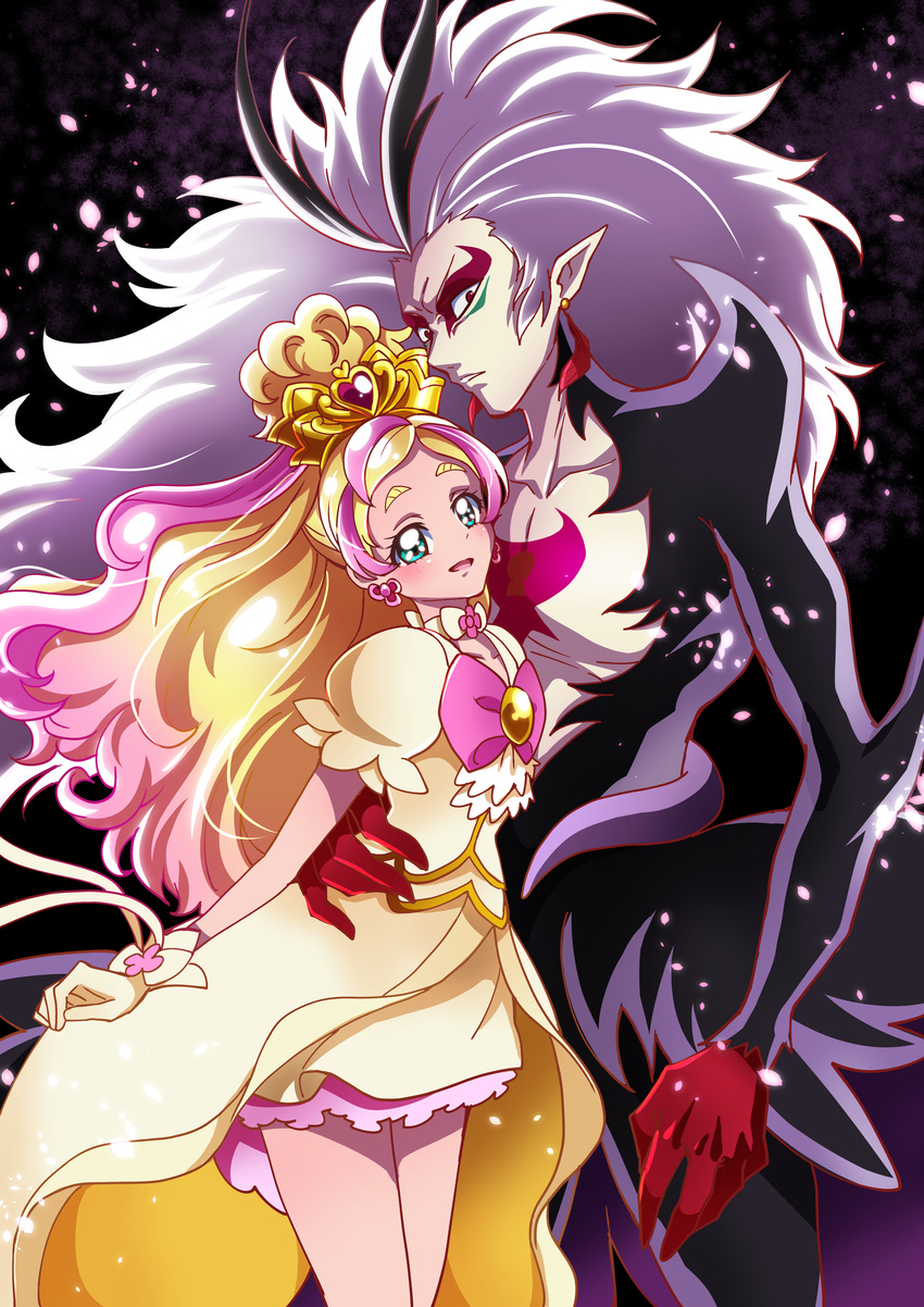 1boy absurdres bad_id bad_pixiv_id black_bodysuit black_hair blonde_hair bodysuit bow close_(go!_princess_precure) cowboy_shot cure_flora cure_flora_(grand_princess) earrings eyeshadow female flower_earrings gloves go!_princess_precure green_eyes grey_hair haruno_haruka highres jewelry long_hair looking_at_viewer magical_girl makeup multicolored_hair pale_skin pink_bow pink_hair pointy_ears precure puffy_sleeves red_eyes red_eyeshadow red_gloves sharumon skirt smile spoilers streaked_hair thick_eyebrows two-tone_hair yellow_gloves yellow_skirt