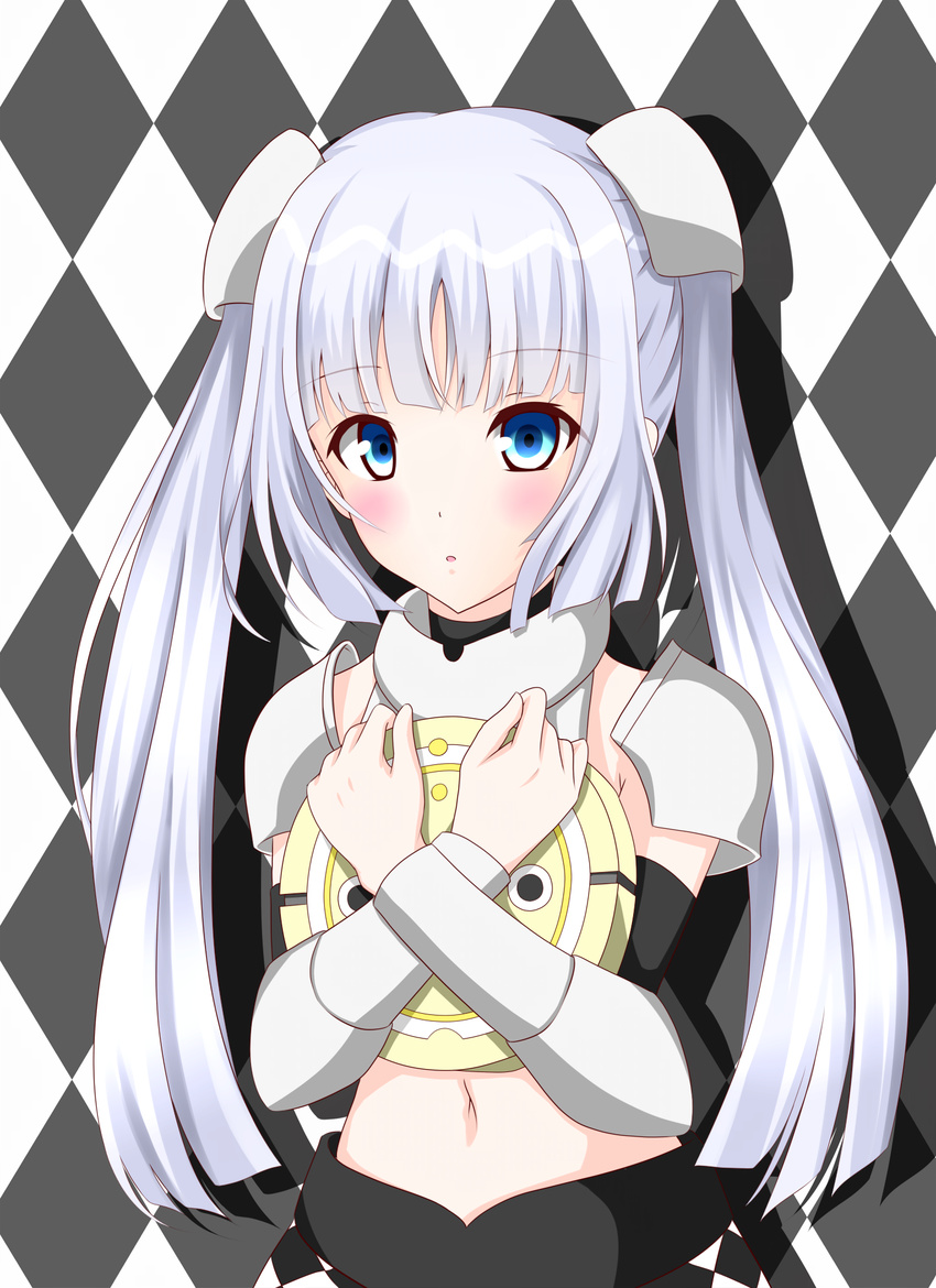 :o android argyle_background arm_guards armor bad_id bad_pixiv_id blue_eyes blush checkered_clothes checkered_skirt cowboy_shot dot_nose female hair_ornament hairpods highres holding lino_(lilyparty07) long_hair midriff miss_monochrome miss_monochrome_(character) navel robotic_vacuum_cleaner ruu-chan shoulder_armor sidelocks skirt solo twintails white_hair