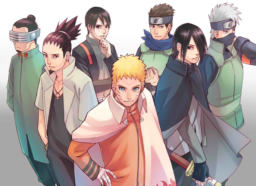 6+boys aburame_shino arms_behind_back bad_id bad_twitter_id bandaged_arm bandages black_hair blonde_hair blue_eyes boruto:_naruto_next_generations brown_hair cape cloak curamubuono facial_hair facial_mark fingerless_gloves forehead_protector gloves goatee hair_bun hand_on_own_hip hatake_kakashi highres hokage jewelry looking_at_viewer male_focus multiple_boys nara_shikamaru naruto naruto_(series) necklace sai_(naruto) sarutobi_konohamaru scarf single_hair_bun spiked_hair sword topknot uchiha_sasuke uzumaki_naruto visor weapon whisker_markings white_hair