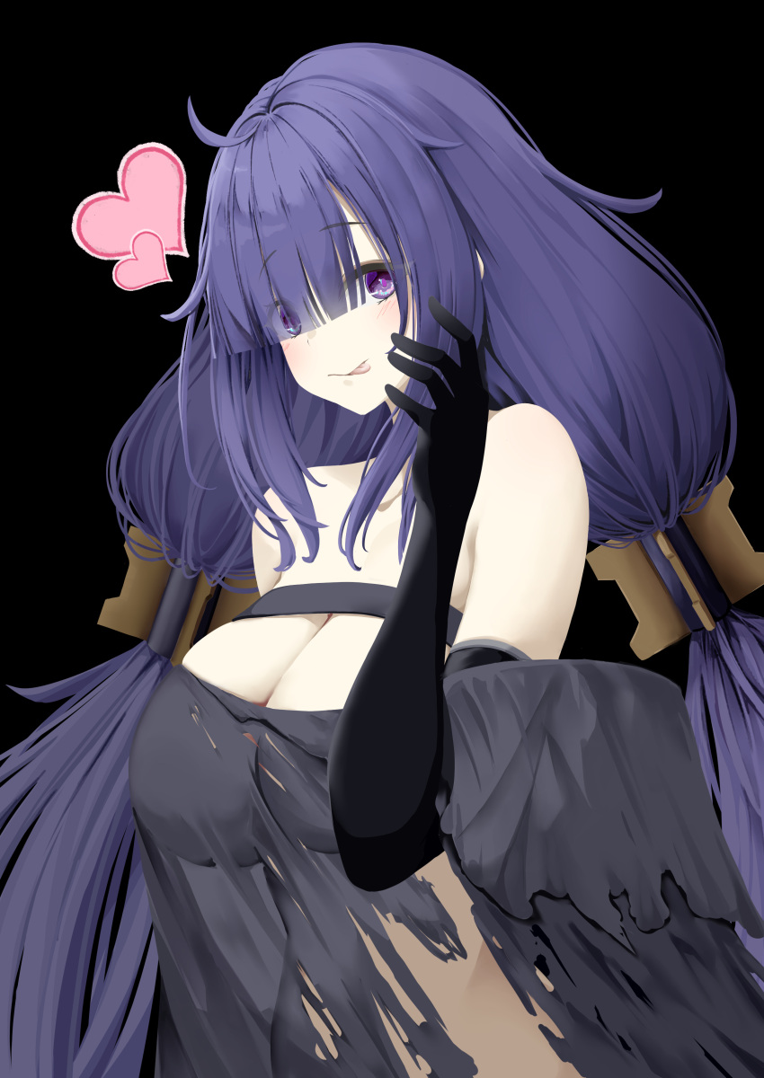 absurdres azur_lane bare_shoulders black_background black_dress black_gloves blush breast_strap breasts cleavage dress elbow_gloves eyes_visible_through_hair female gloves hair_over_one_eye hand_up heart highres huge_breasts kurosakura_towa licking_lips long_hair low_twintails mogador_(azur_lane) purple_eyes purple_hair simple_background solo tongue tongue_out torn_clothes torn_dress twintails upper_body very_long_hair