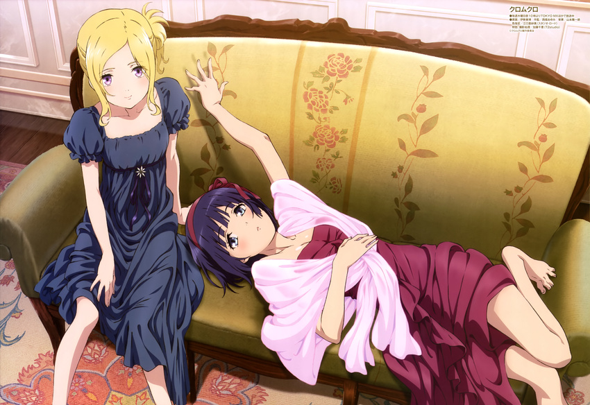 2girls absurdres barefoot black_dress blonde_hair blue_eyes blue_hair blush breasts cleavage couch dress hair_ribbon hairband highres ise_akihiro kuromukuro looking_at_viewer lying medium_breasts multiple_girls official_art on_back purple_eyes red_dress red_ribbon ribbon shirahane_yukina short_hair sitting smile sophie_noel