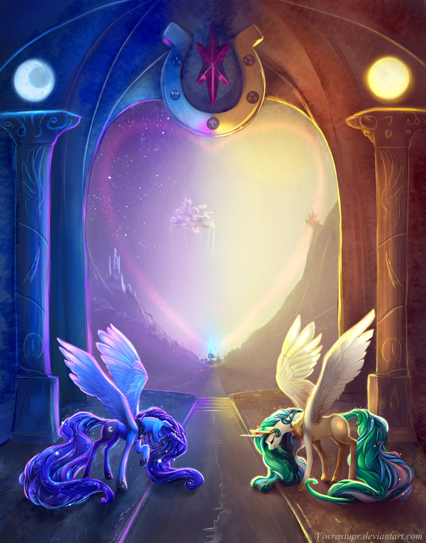 absurd_res alicorn bowing canterlot cloudsdale contrast crystal_empire digital_media_(artwork) duality duo equid equine feathered_wings feathers female feral friendship_is_magic full-length_portrait hasbro hi_res horn mammal my_little_pony mythological_creature mythological_equine mythology ponyville portrait princess_celestia_(mlp) princess_luna_(mlp) side_view sparkles symmetry text url viwrastupr wings