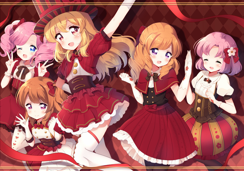 :d ;d ^_^ ^o^ aikatsu! aikatsu!_(series) amahane_madoka bad_id bad_pixiv_id banned_artist blonde_hair blush bow brown_hair closed_eyes double_v dress drill_hair elbow_gloves flower gloves hair_flower hair_ornament hair_ribbon hairband hairbow hat himesato_maria hoshimiya_ichigo kitaouji_sakura kobeni_hijiko long_hair looking_at_viewer multiple_girls one_eye_closed oozora_akari open_mouth pantyhose pink_hair purple_eyes red_eyes ribbon short_hair side_ponytail skirt smile thighhighs top_hat v waving